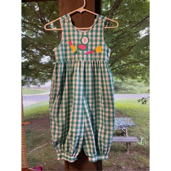 Vintage Kelly Kids Girls Checkered Jumpsuit Romper Lipstick Make Up Images Sz 6 - Picture 2 of 5